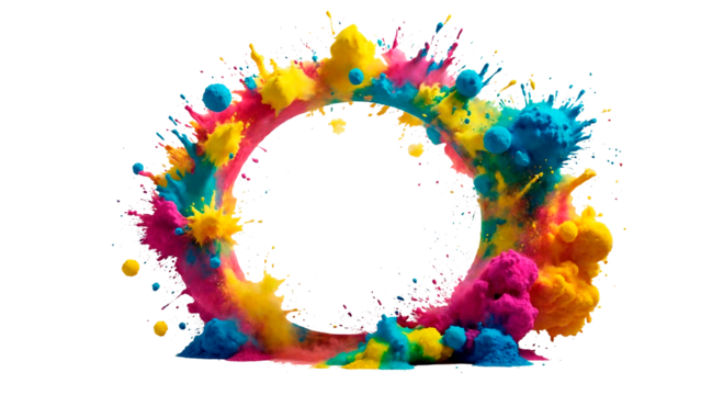 Circle copy space with multicolor holi paint powder explosion isolated on transparent background.Copy space concept for spring summer fde