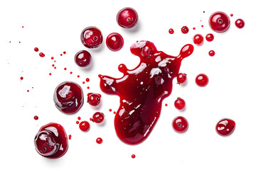 Drops and stains of red berry jam, sauce top view isolated on white background. Cranberry Jam drops close up 