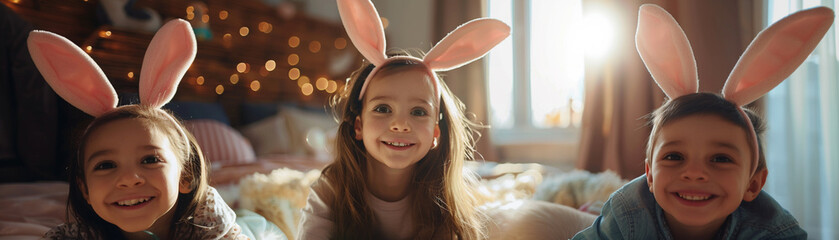 Easter fun with children wearing bunny ears a close-up capturing their excitement and innocence in soft - obrazy, fototapety, plakaty