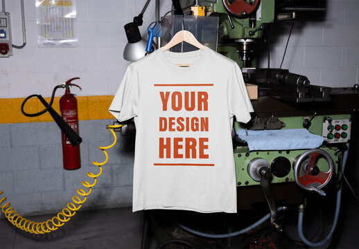 Mockup of customizable t-shirt hanging in factory