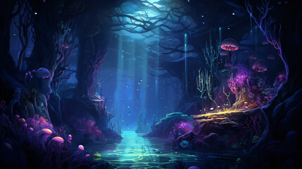 A dreamlike underwater world with bioluminescent creat