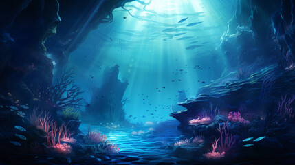 A dreamlike underwater world with bioluminescent creat