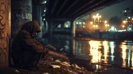 Homeless man prepare to spend the night under a bridge