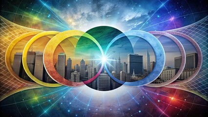 a series of colorful concentric circles surrounding a city skyline at dusk