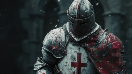 Portrait of Medieval crusader Warrior with armour and red cross. Cloud smoke on Background - obrazy, fototapety, plakaty