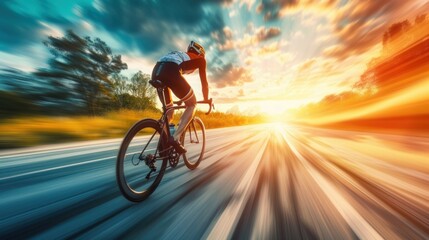 Cyclist riding a bike on an open road - obrazy, fototapety, plakaty