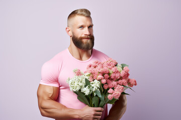 muscular caucasian bearded man with artistic composition made of flowers, on pink