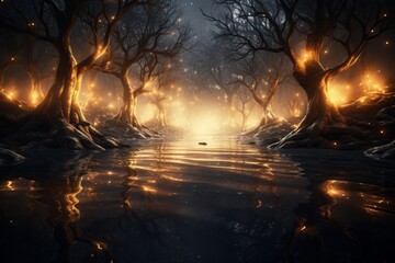 Obraz premium Enchanting forest with mystical lights, creating a magical display of wonder and beauty at night