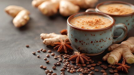 Cup with Cappuccino, Ginger and Star Anise - obrazy, fototapety, plakaty