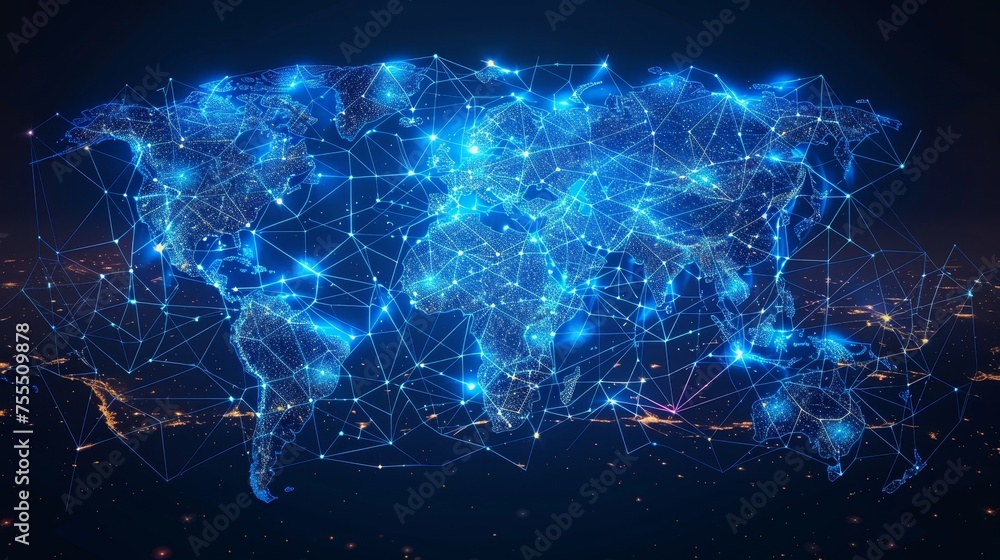 Poster Abstract illustration isolated on blue background. Polygonal space with connected dots. Isometric map of the world. Polygonal wireframe composition. Abstract illustration isolated on blue background.