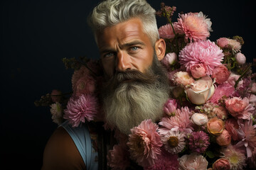 muscular caucasian bearded man with artistic composition made of flowers, on black