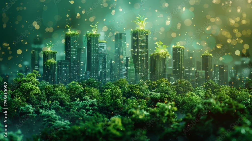 Aufkleber a neon ribbon drapes the city with a sprout on top. low poly wireframe isolated on green background.