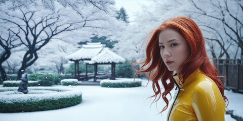 Strong real BDSM adult caucasian red hair mistress wearing and poses in fetish deep yellow erotic latex rubber catsuit in japan winter frozen snowy garden