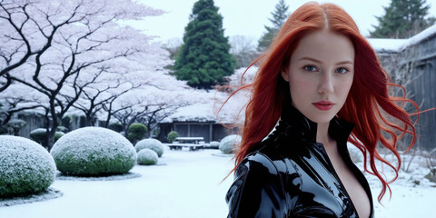 Strong real BDSM adult caucasian red hair mistress wearing and poses in fetish black erotic latex rubber catsuit in japan winter frozen snowy garden