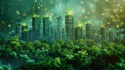 A neon ribbon drapes the city with a sprout on top. Low poly wireframe isolated on green background. City greening. Landscape technologies in city silhouettes. Plexus lines and points.