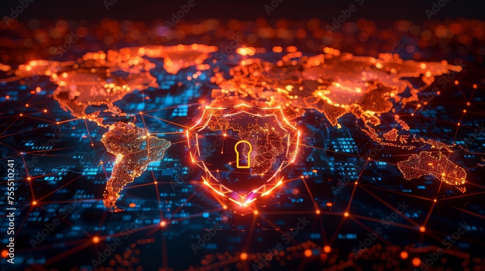 Poster Cyber security, shield lock in futuristic polygonal style with world map background. Concept of internet privacy or cyber protection.