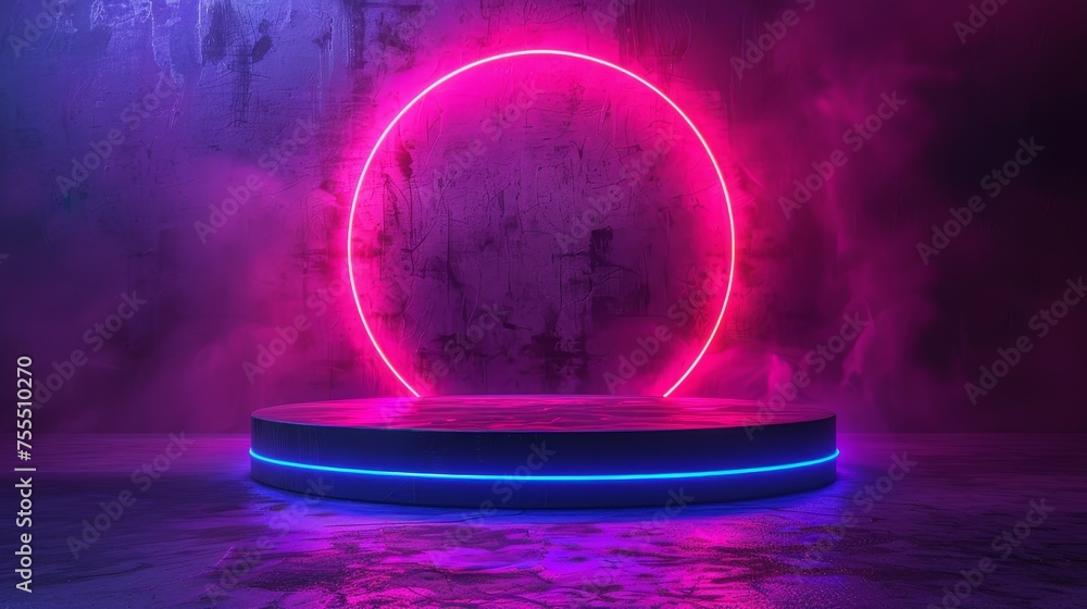 Aufkleber A white podium with an empty space for your product is isolated on a purple background - A neon circle surrounds the exhibition pedestal -