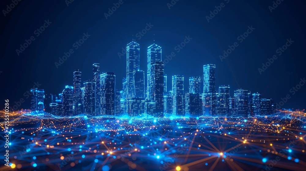 Poster low poly wireframe mesh, isolated on a dark blue background, showing a smart city with the latest wi