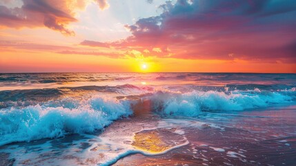 The sun sets over a dynamic ocean, with waves crashing onto the shore under a sky painted with vivid hues of orange and pink - obrazy, fototapety, plakaty