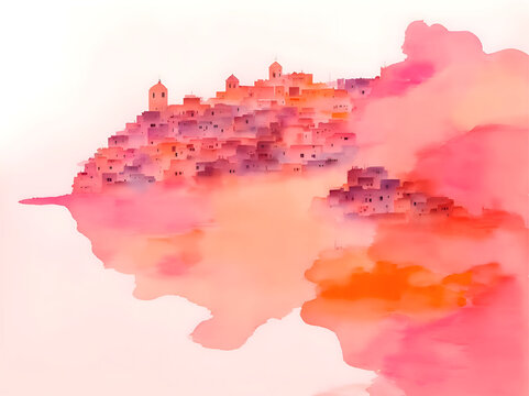 A watercolor painting of a floating castle. The fluffy pink clouds create a sense of peace and tranquility