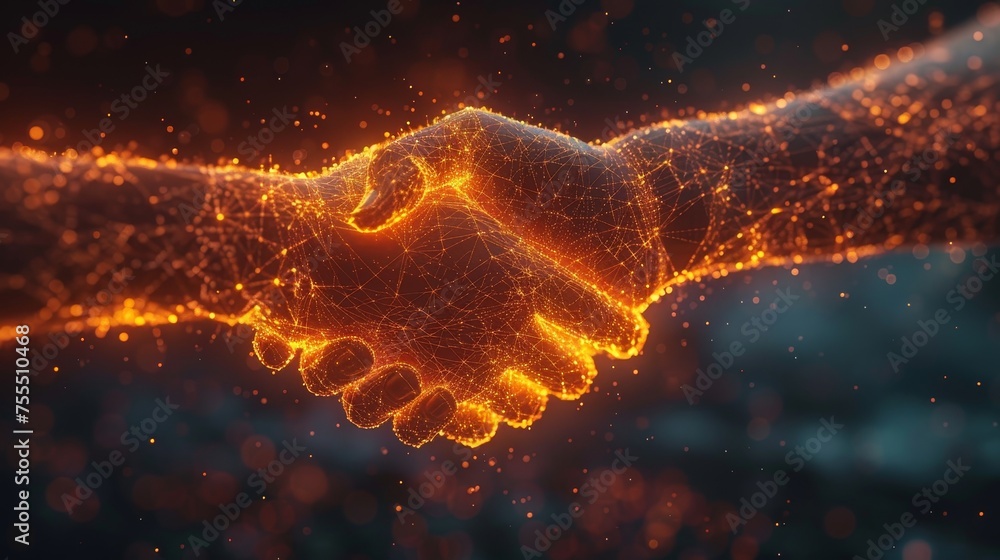 Poster the handshake is interpreted as a flaming steel handshake. illustration isolated on dark background.