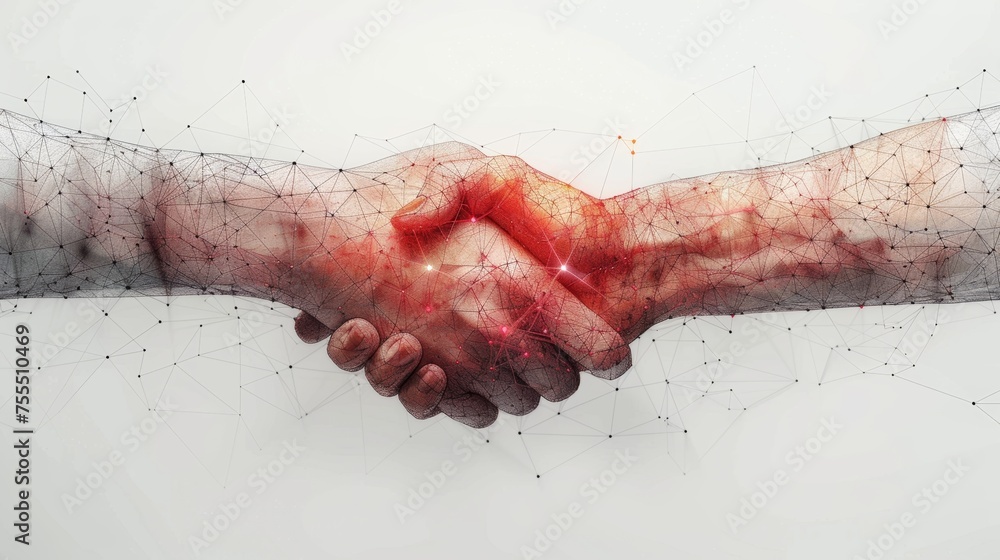 Poster Isolated on white background with two hands. Abstract illustration isolated on white. Low poly wireframe. Plexus lines and points. Business symbol. High-tech illustration.