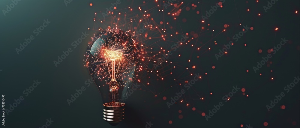 Poster An abstract of a robotic hand holding a glowing yellow, colorful brain circuit within a light bulb on big data processing, deep learning, and science and technology innovation.