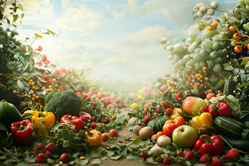 photorealistic still life of various fruits and vegetables arranged in the shape of landscape,...