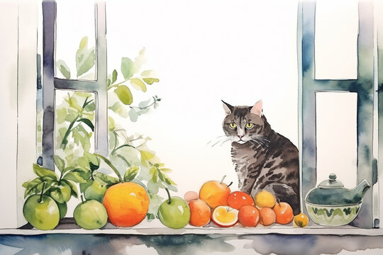 watercolor painting gray cat sitting on the windowsill in apartment and looking at fruits and vegetables nearby, sunlight shining through the glass