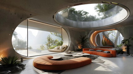 A living room with a large window and a circular couch