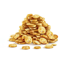 Pile of gold coins with clover icon isolated on a white background. Patricks Day design