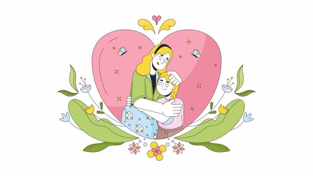 Heart-shaped young daughter mother hug line 2D characters animation. Loved relations flat color cartoon 4K video, alpha channel. Heartshaped mom and child caucasian animated people on white background
