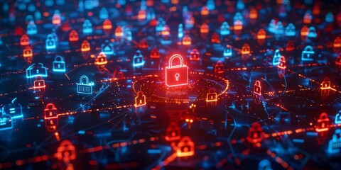 Fototapeta premium A network of connected digital padlocks with a red lock in the center
