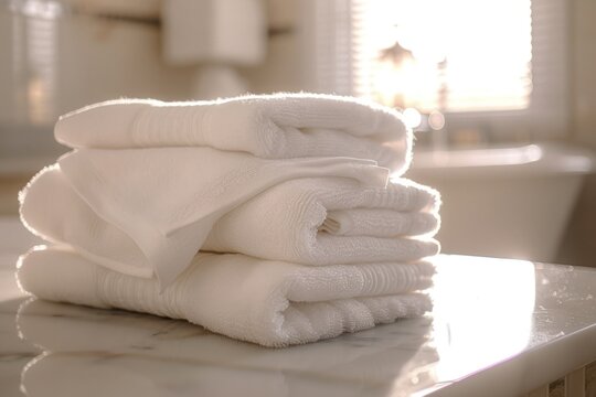 A stack of white towels on a marble countertop. The towels are neatly folded and arranged in a pyramid shape. Concept of cleanliness and organization