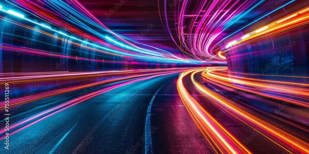 Poster abstract light trails with neon glow on a dark background