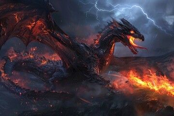 a dragon with flames coming out of it - obrazy, fototapety, plakaty