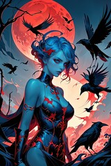 Ai illustrazione gotica donna fra luna rossa e corvi