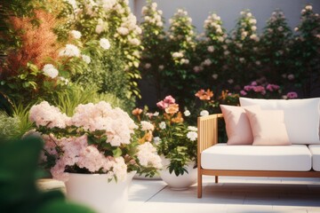 Fototapeta na wymiar Serene Garden Oasis with Modern Outdoor Furniture