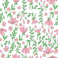 Hand Drawn flowers background print for textile. The drawn flowers beautiful illustration for the fabric. Design ornament pattern seamless. Vector