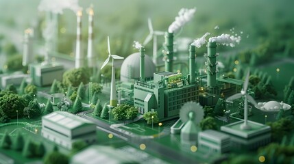 A green cityscape with a large factory in the middle
