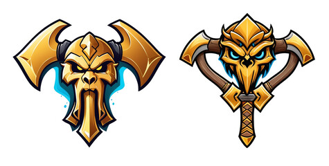 a close up of two different designs on a transparent background, berserker potrait, golden shapes, axe, high quality head, skull island, illustrated logo, holding axe, gold and blue