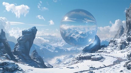 A snowy landscape with a large, clear sphere in the sky