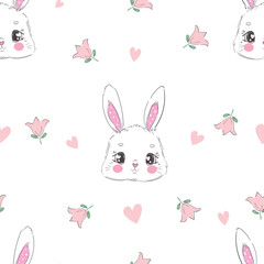 Cute rabbits and flower background vector seamless pattern 