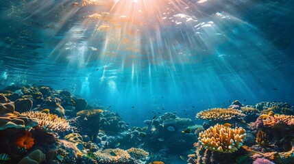 A beautiful underwater scene with a bright sun shining through the water