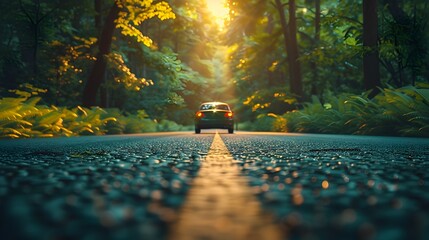 A car is driving down a road in a forest
