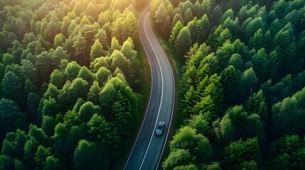 A car is driving down a winding road surrounded by trees