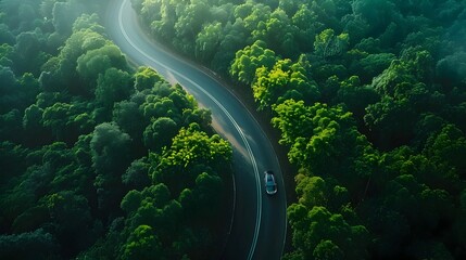 A car is driving down a winding road through a forest