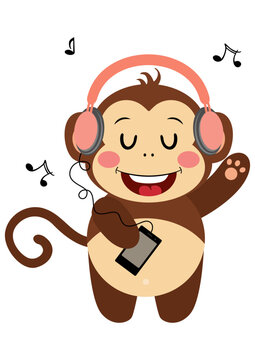 recommend clip art: Funny monkey listening music with headphones