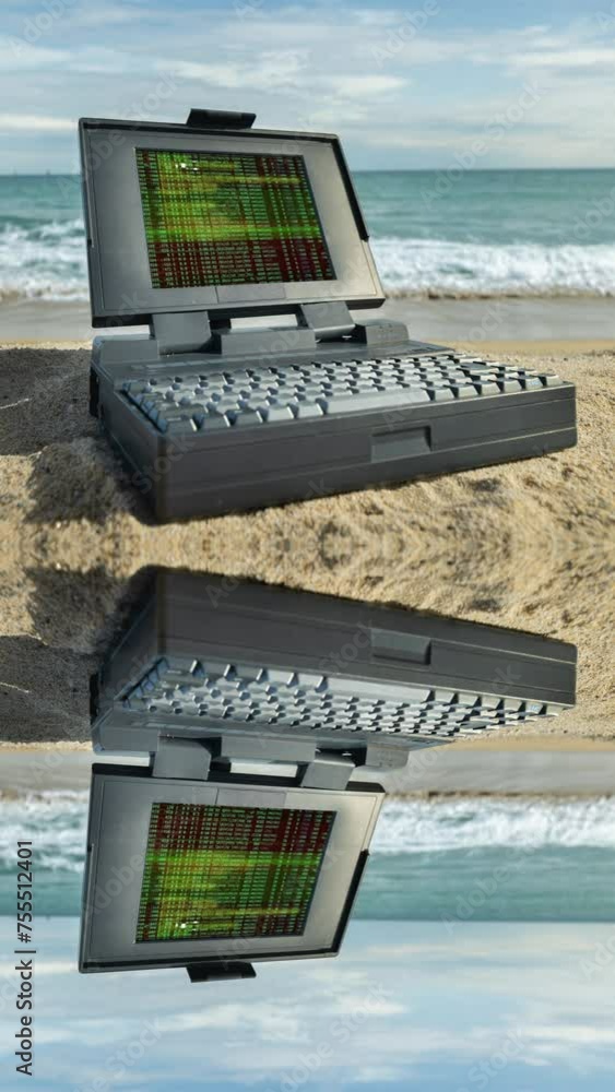 Poster computer laptop with data and code on screen vertical