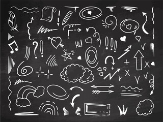 Simple sketch line style elements. Doodle cute ink pen line elements isolated on chalkboard background. Doodle arrow, heart, star, decoration symbol, white icon set. Vector illustration.